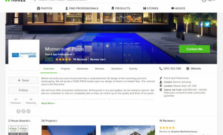 Momentum Pools Houzz page.