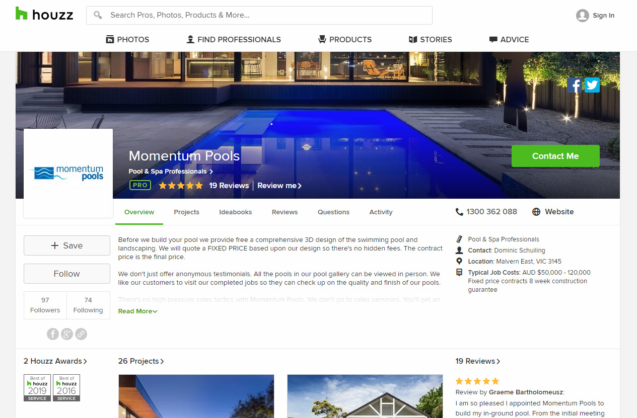 Momentum Pools Houzz page.